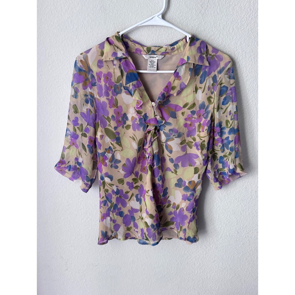 Edward 100% Silk Floral Ruffle V-Neck Blouse Purple Green Tan Sheer Sleeve Med